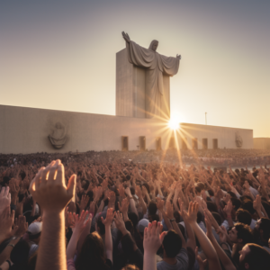 thousands of people worshipping AI God in front of towering futuristic religious AI laser monument, ecstatic worshipers with hands raised STYLE: gonzo journalism, the banality of evil, William Eggleston