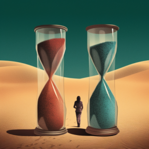 The individual is depicted carefully adjusting a lever or dial that controls the flow of sand in both hourglasses, representing the deliberate act of balancing immediate needs with future aspirations. Scattered around the short-term hourglass, images of everyday joys and instant gratifications